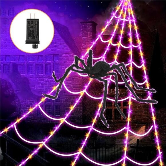 Giant Spider Web Halloween Decor Light w/ 250 LEDs 16.4FT Net 4Ft Spider 8 Modes